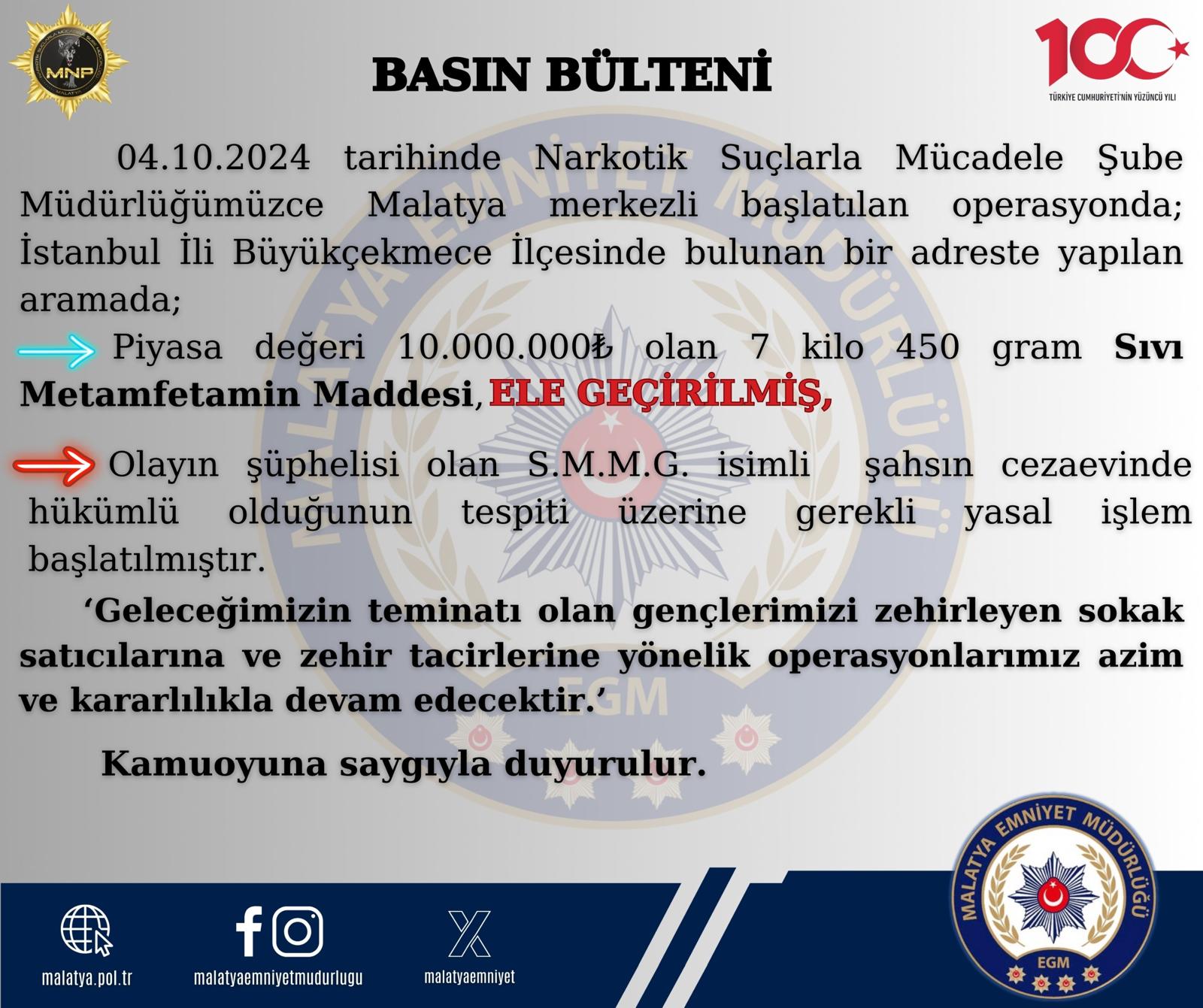 Malatya Merkezli Uyuşturucu Operasyonu 7 kilo 450gr Metamfetamin