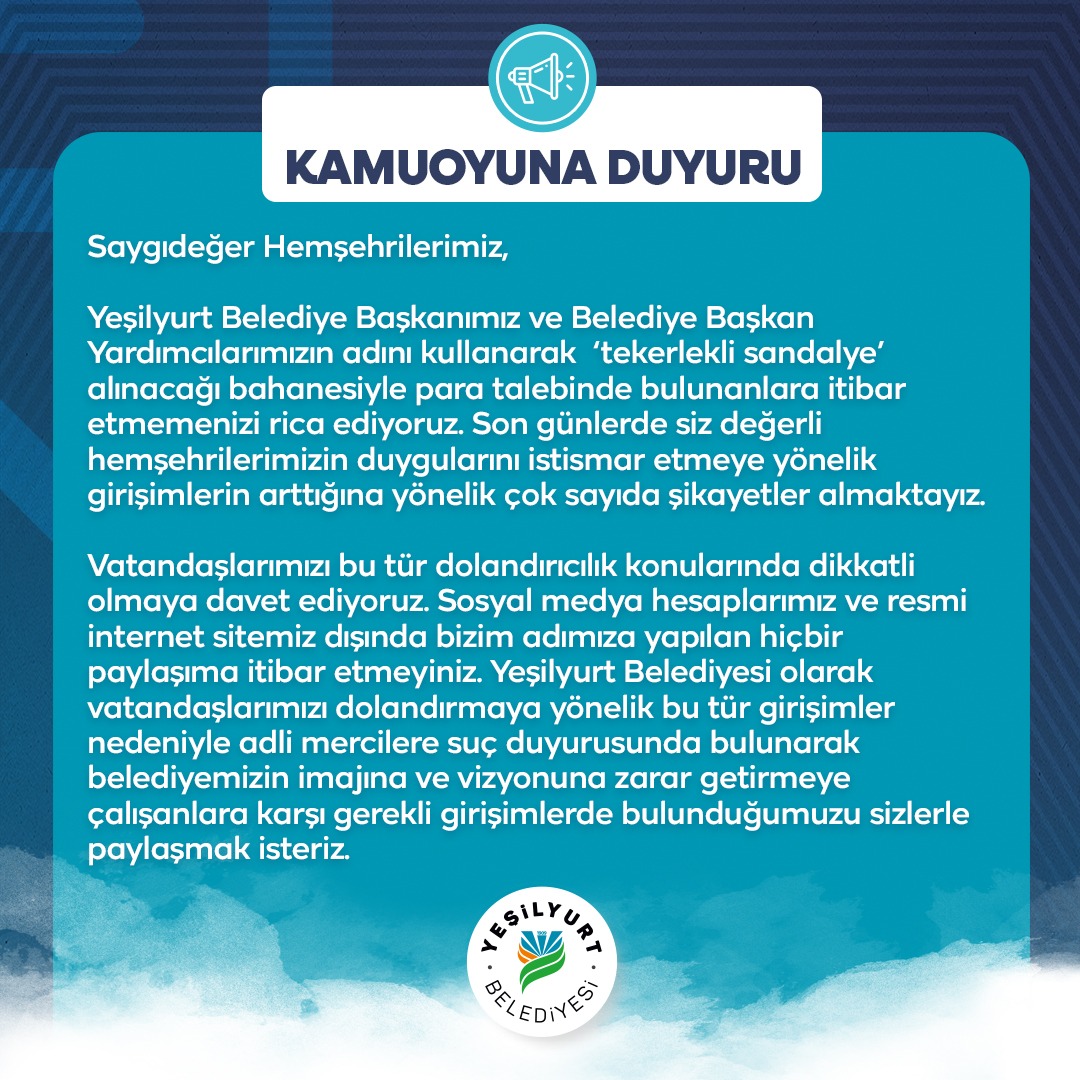 Yeşilyurt Belediyesi'nden Kamuoyuna Uyarı